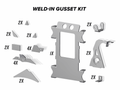 An illustrated diagram labeled “Polaris RZR XP 1000 Weld-In Gusset Kit” displays grouped metal pieces with quantity labels (e.g., 2X, 4X, 1X); a central main panel is surrounded by smaller angled and bracketed components.