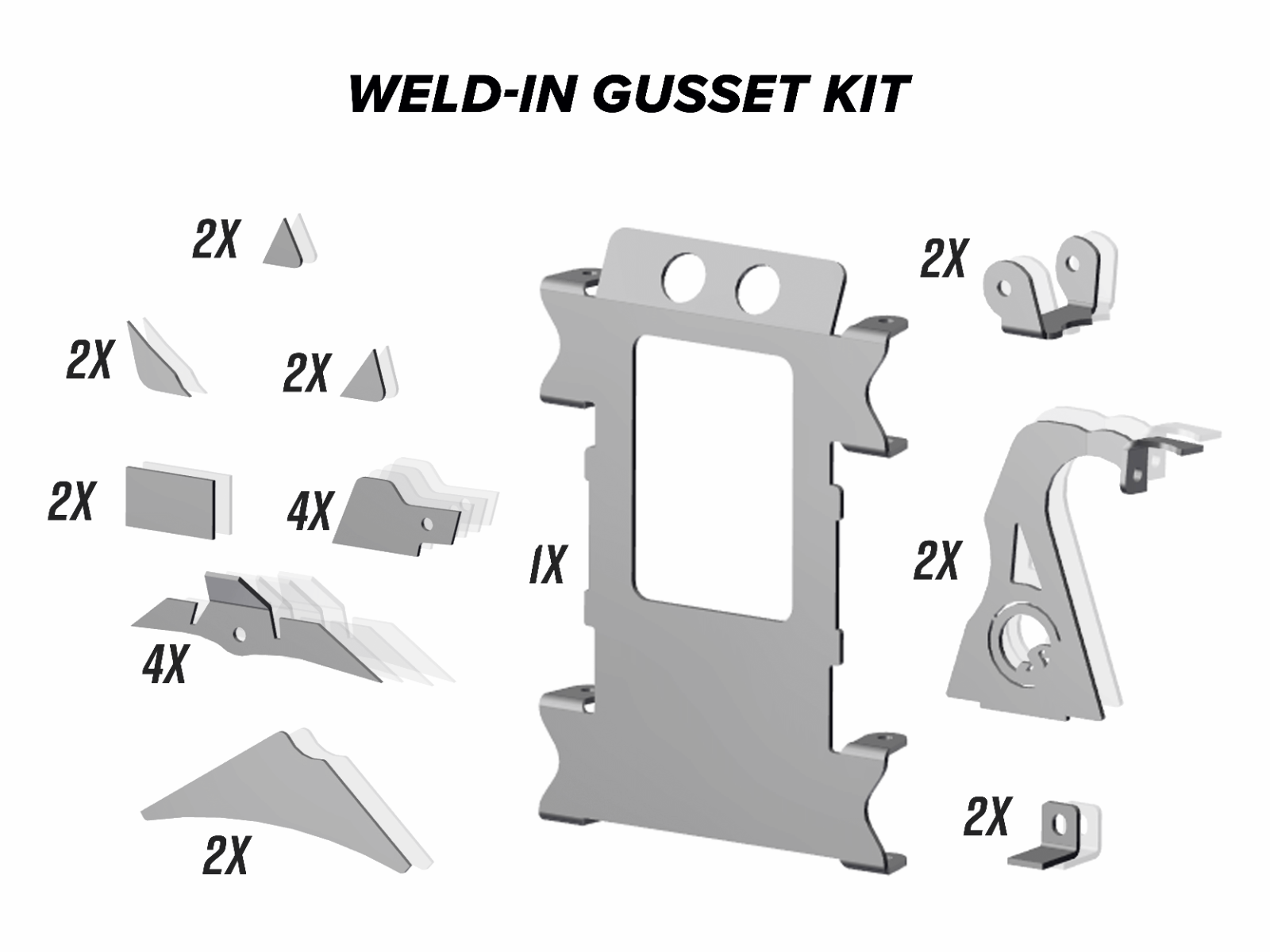 Diagram of the Polaris RZR XP Turbo Weld-In Gusset Kit with labeled metal pieces, quantities (2X/4X), and a central rectangular plate featuring bolt holes and cutouts. Triangular and angled gussets shown around the main plate.