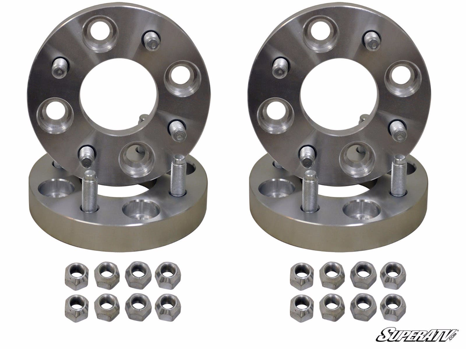 Two Honda 4/110 to 4/156 Wheel Adapter (1.5-Inch) pairs with pre-installed studs and four lug holes are stacked upright on a white background, with eight metal lug nuts below and the SuperATV logo at the bottom right.