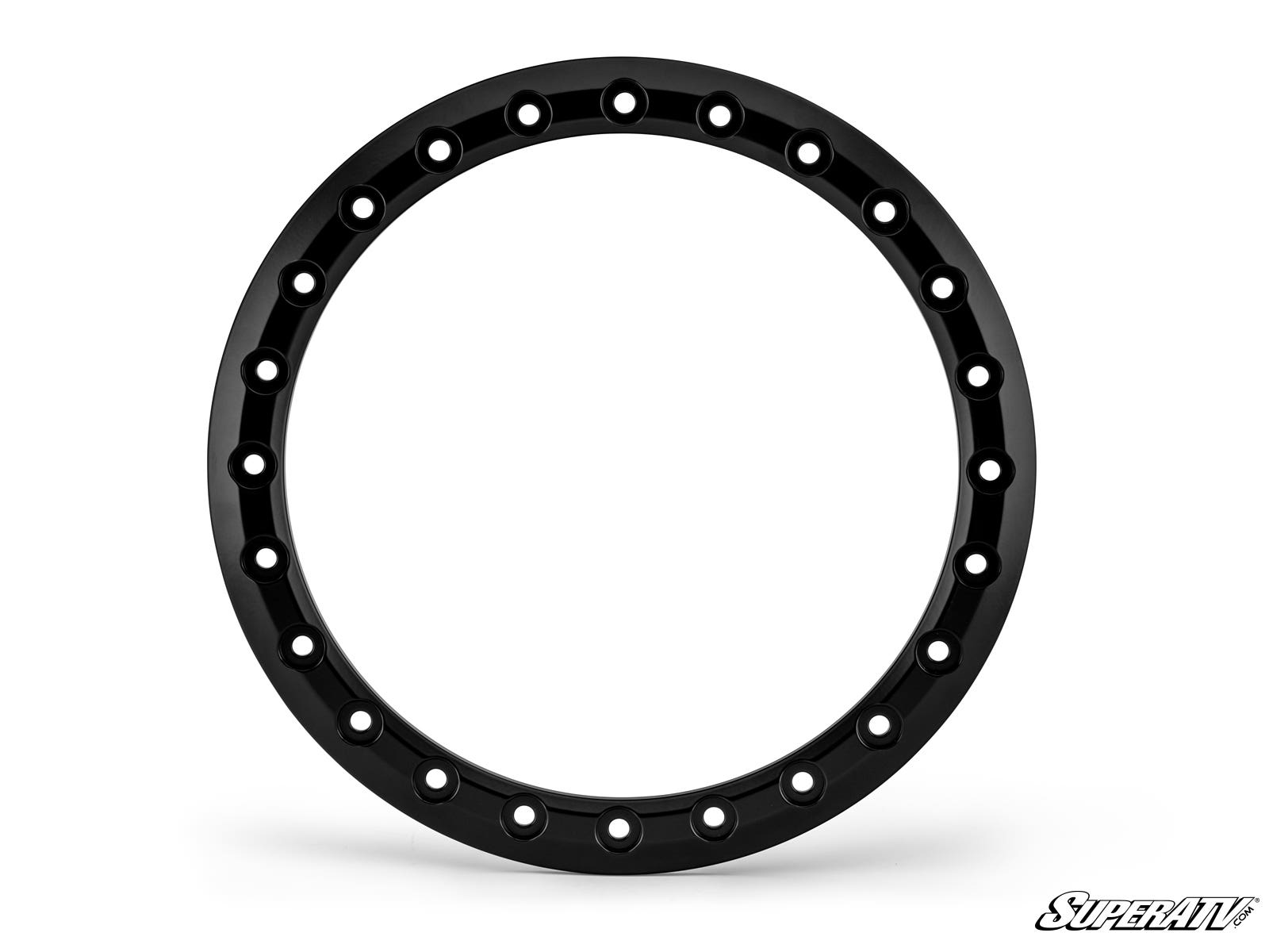 A black, circular Replacement MADLock Ring with evenly spaced bolt holes is shown against a white background. The SuperATV logo appears in the bottom right corner. This ring is designed for off-road vehicle wheels.