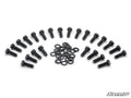 A semicircle of 20 black hex bolts surrounds a central cluster of 20 black washers, neatly arranged on a white background. The SuperATV logo is in the lower right corner. Shown: Replacement MADLock Ring Hardware Kit.