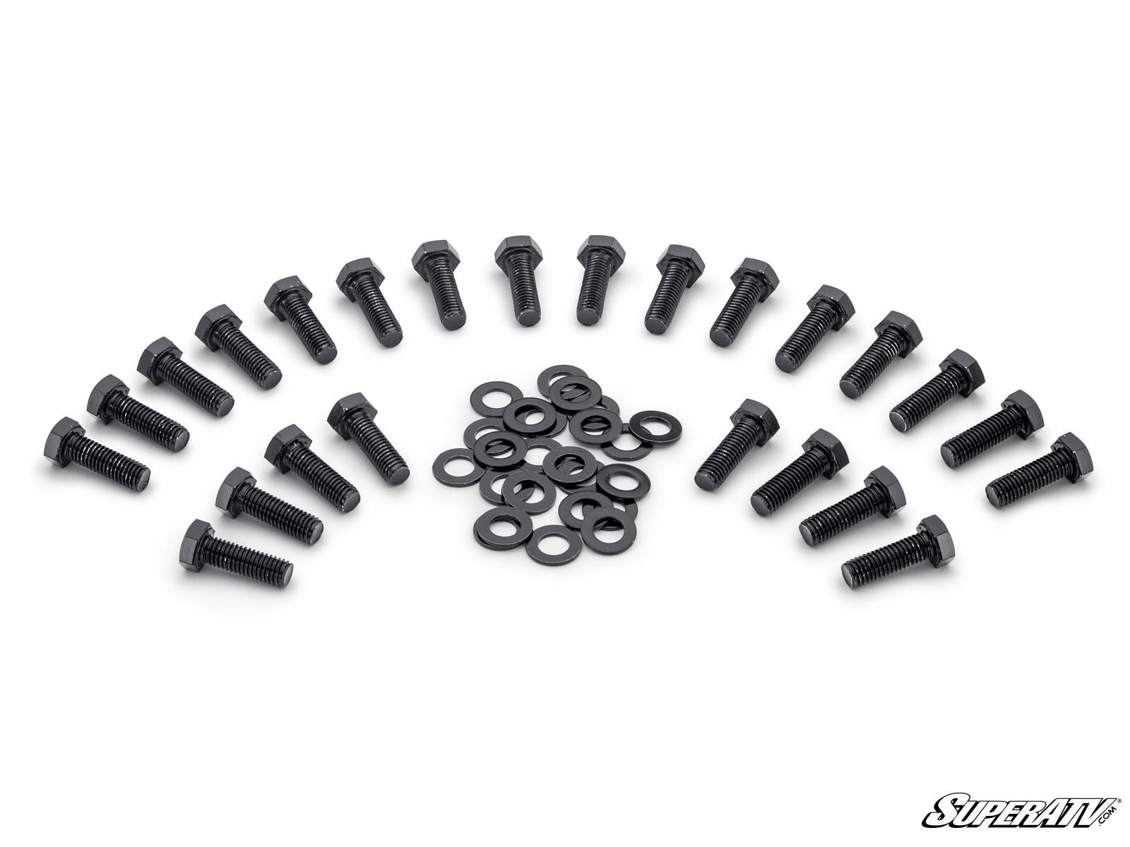 A semicircle of 20 black hex bolts surrounds a central cluster of 20 black washers, neatly arranged on a white background. The SuperATV logo is in the lower right corner. Shown: Replacement MADLock Ring Hardware Kit.