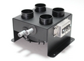 The Inferno Cab Heater Kit With Defrost for Arctic Cat Wildcat Trail or Sport (2013-2019) is a black rectangular metal box with four top vents, two pipe connectors on the left, a right-side control panel, and mounting flanges at the base.