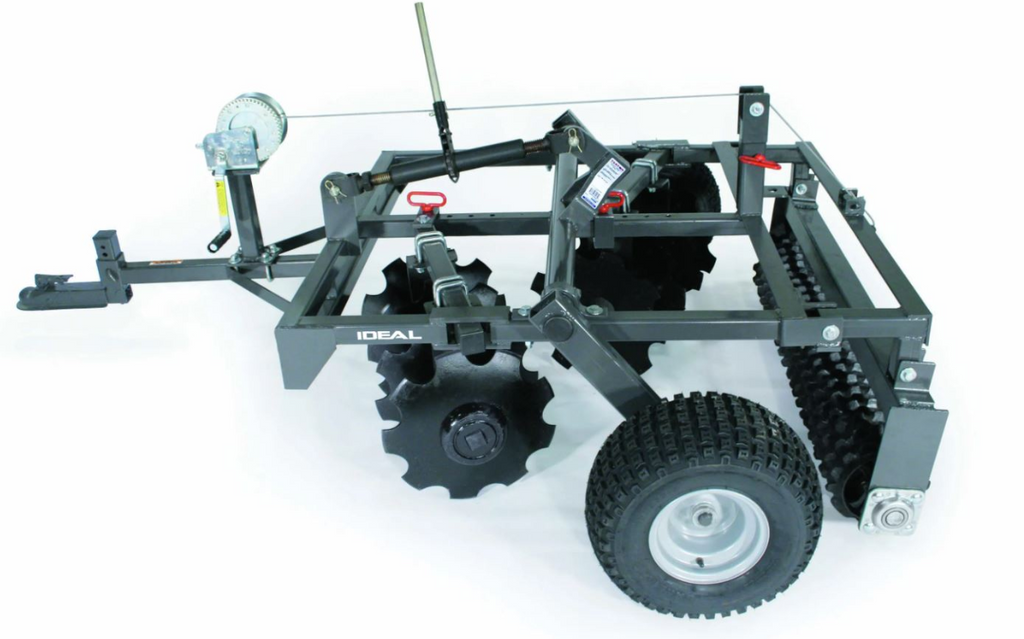 A black metal UTV/ATV Disc/Cultipacker Combo 5 with two large rubber tires, notched disc blades, a crank handle, an IDEAL-labeled frame, connecting hitch, adjustment lever, rear spiked roller. White background.