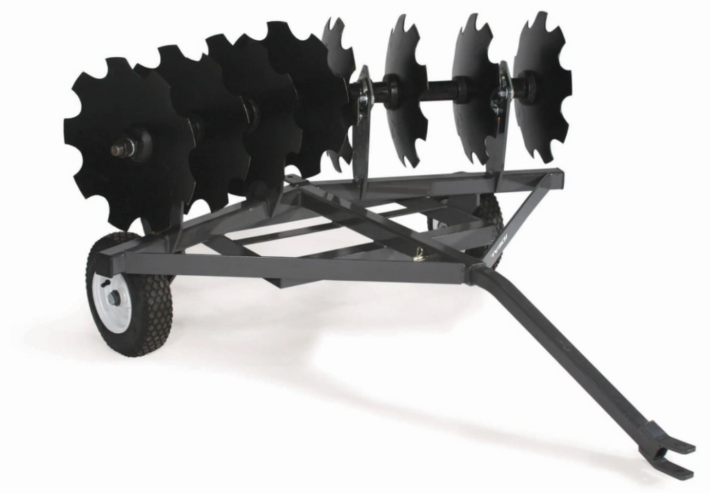 The ATV/UTV Flip Disc 5 is a metal disc harrow with eight notched black discs on a gray steel frame, two rubber wheels, and a long tow bar for tractor attachment—ideal for breaking up soil and preparing farmland.