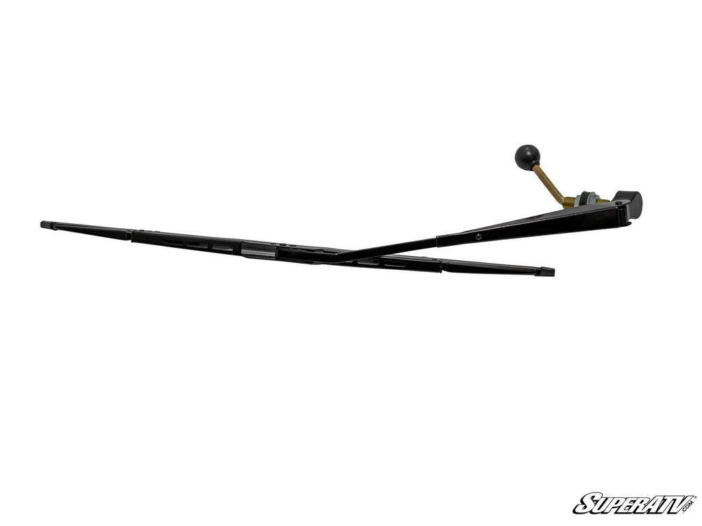 The Universal Glass Windshield Wiper, a black manual assembly with a metal arm and hand-operated knob, is displayed against a white background with the SuperATV logo in the lower right corner and its blade extended.
