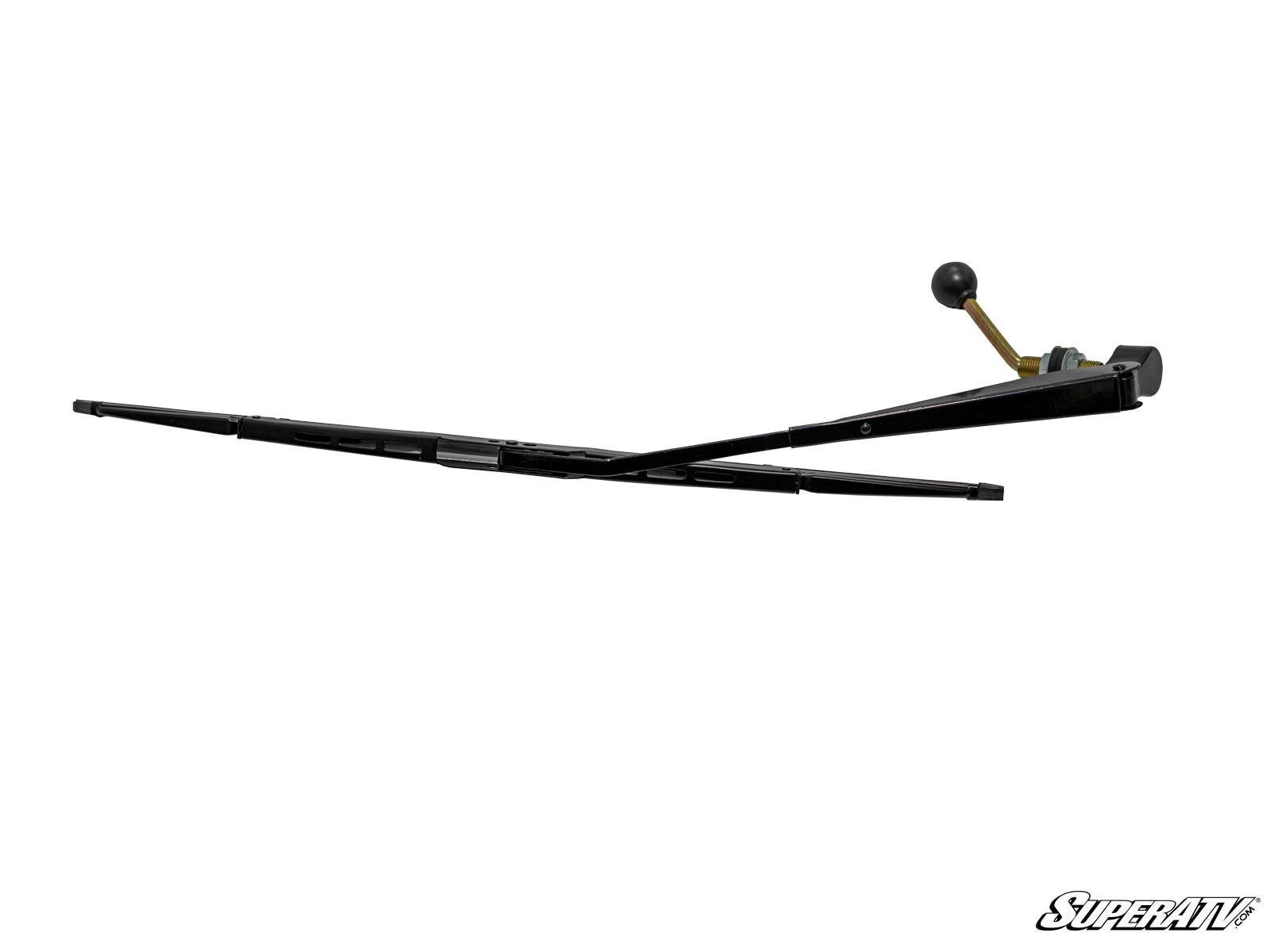 The Universal Glass Windshield Wiper, a black manual assembly with a metal arm and hand-operated knob, is displayed against a white background with the SuperATV logo in the lower right corner and its blade extended.
