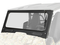 A Yamaha Wolverine X2/X4 Glass Windshield with a black frame and vent is installed on an off-road vehicle featuring a camouflage hood, visible interior, and a partially shown white roof.