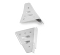 Pair of Yamaha Wolverine X2/X4 A Arm Guards: white, angular alloy brackets with triangular shapes, rounded corners, and multiple mounting holes/slots. Shown from different angles on a plain white background to display their design.