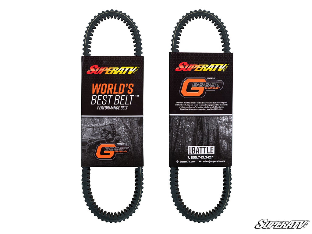 Two CFMOTO ZForce Heavy-Duty CVT Drive Belts are displayed vertically side by side, each labeled “SUPERATV.” The left says “WORLD’S BEST BELT™,” the right features “G Boost Technology”; both include contact info and a grayscale ATV image.