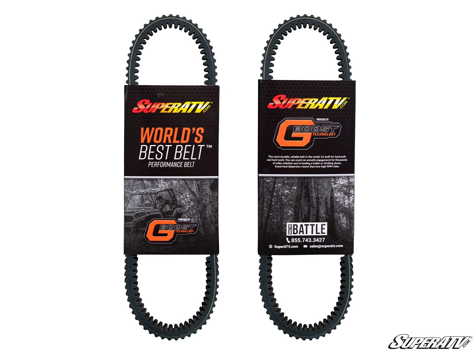 Two CFMOTO ZForce Heavy-Duty CVT Drive Belts are displayed vertically side by side, each labeled “SUPERATV.” The left says “WORLD’S BEST BELT™,” the right features “G Boost Technology”; both include contact info and a grayscale ATV image.