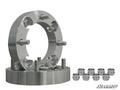 Two Kawasaki Wheel Spacer 4/156, 4/136, & 4/110 units with protruding studs are displayed in front. Eight chrome lug nuts are aligned to the right. The SuperATV logo appears at the bottom right on a white background.