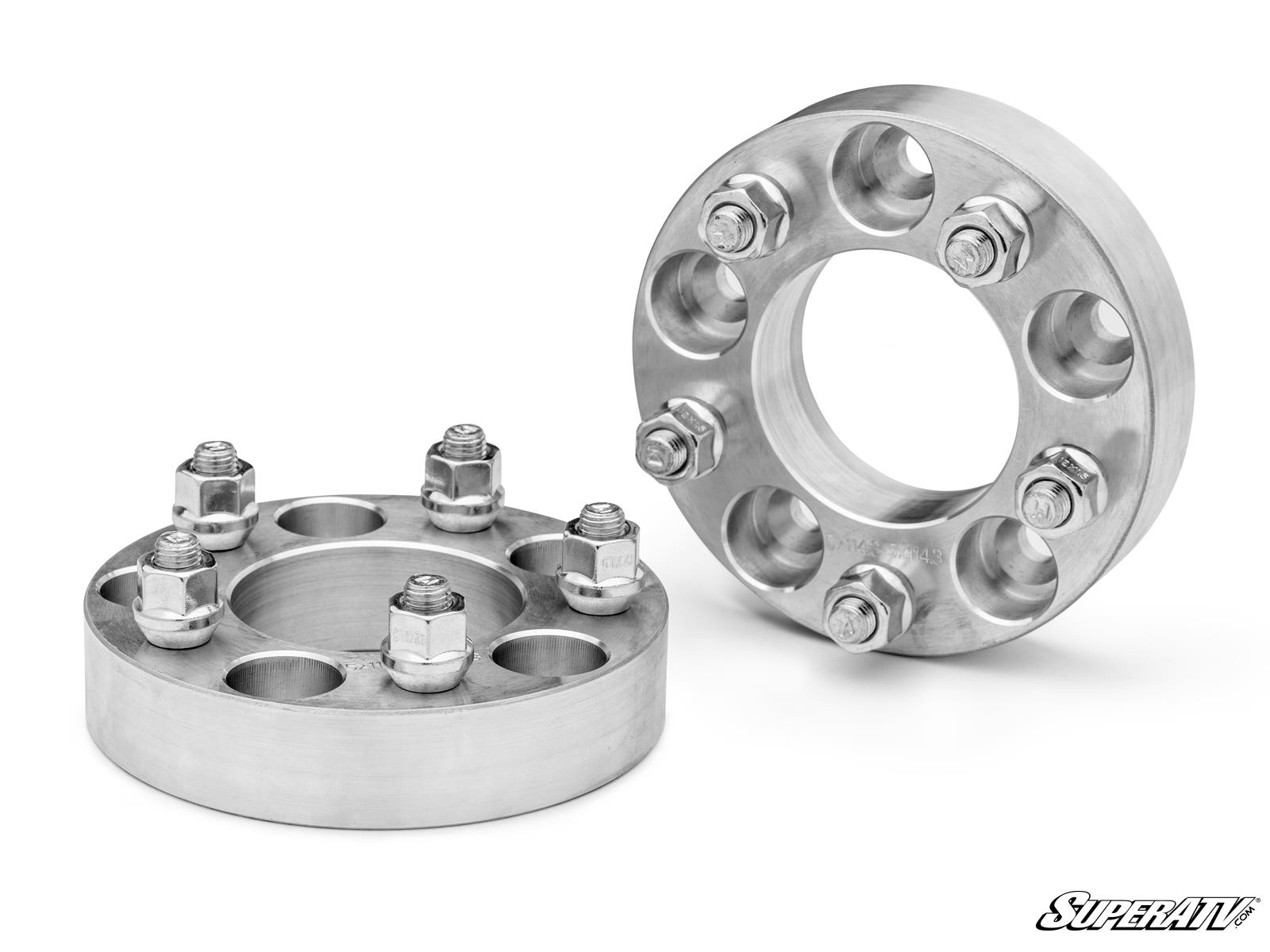 Two Polaris 1.25 Wheel Spacers (5 x 4.5) are shown, each with five lug bolts and nuts plus five open stud holes. The smooth metallic spacers feature the SuperATV logo in the bottom right corner.
