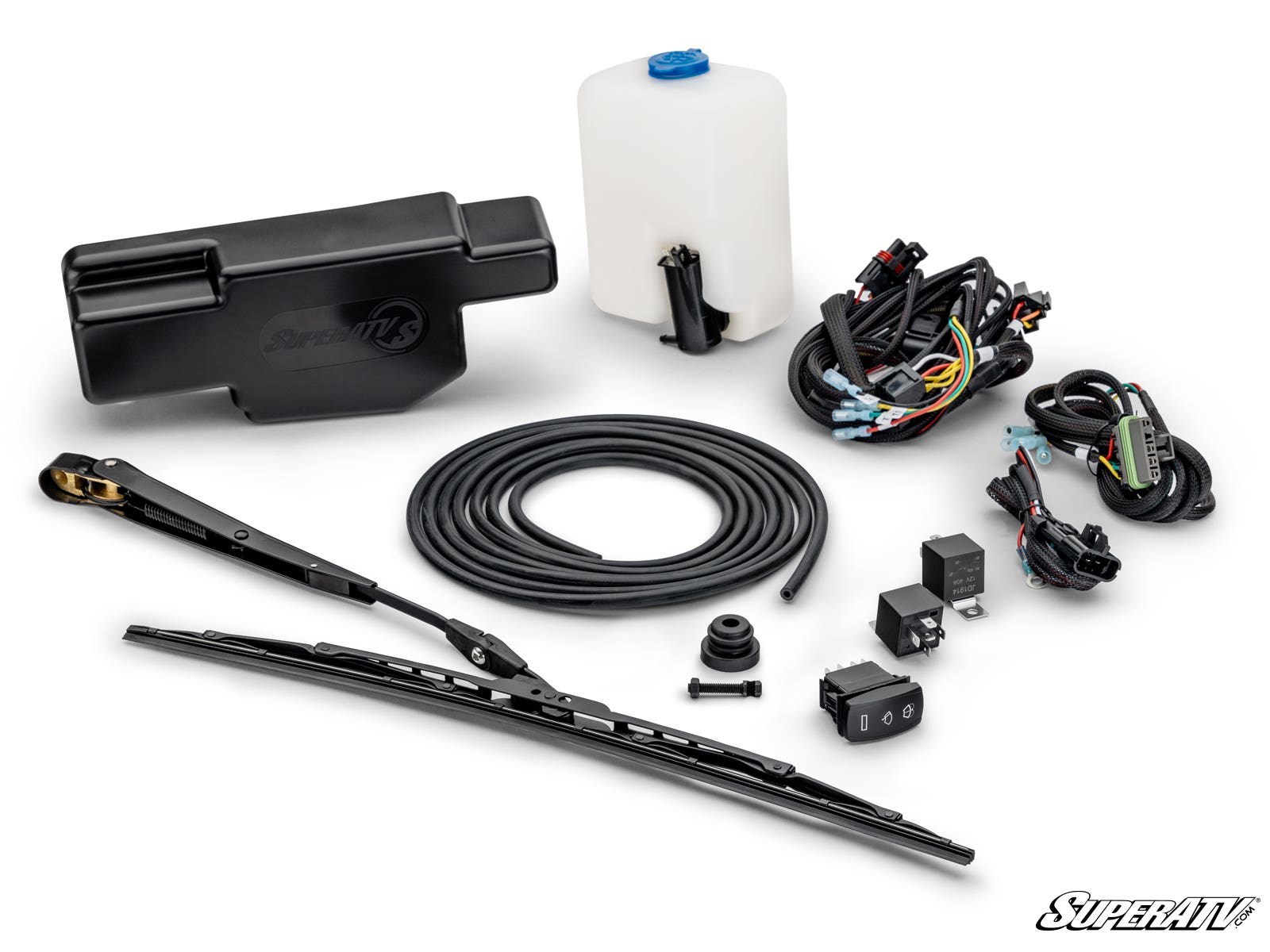 The Electric UTV Windshield Wiper Kit for SuperATV MaxDrive Power Flip Glass Windshields is shown laid out with a black fluid reservoir, white washer tank with blue cap, wiring, wiper arm and blade, nozzle, tubing, relays, switches, and connectors. SuperA