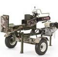 The ATV/UTV Towable Log Splitter WXR740 features a camouflage design, gasoline engine, hydraulic cylinder, splitting wedge, sturdy frame, two wheels for mobility, control lever, and safety shield—ideal for heavy-duty outdoor wood splitting.