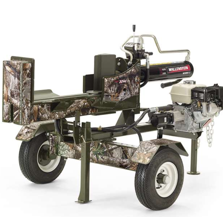 The ATV/UTV Towable Log Splitter WXR740 features a camouflage design, gasoline engine, hydraulic cylinder, splitting wedge, sturdy frame, two wheels for mobility, control lever, and safety shield—ideal for heavy-duty outdoor wood splitting.