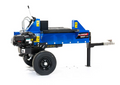 A blue ATV/UTV/Truck Towable 2 Way Log Splitter with a black engine, single large wheel, metal handle, safety labels, and horizontal splitting bed is shown on a white background with its hitch extended for towing.