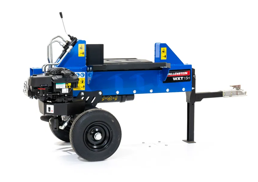 A blue ATV/UTV/Truck Towable 2 Way Log Splitter with a black engine, single large wheel, metal handle, safety labels, and horizontal splitting bed is shown on a white background with its hitch extended for towing.