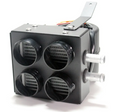The Inferno Cab Heater Kit With Defrost for 2017-Current Can-Am Maverick X3 features a compact black in-dash unit with four circular air vents, internal metal fins, two silver side pipes, rear wires, and a top-mounted metal bracket.