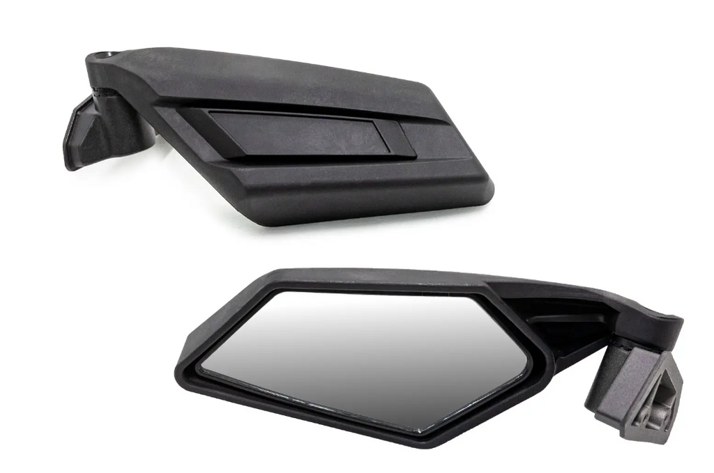 The image displays two Can-Am X3 Side View Mirrors in black. One shows the reflective surface, while the other is angled to reveal its sleek geometric plastic housing and mounting bracket, all set against a white background.