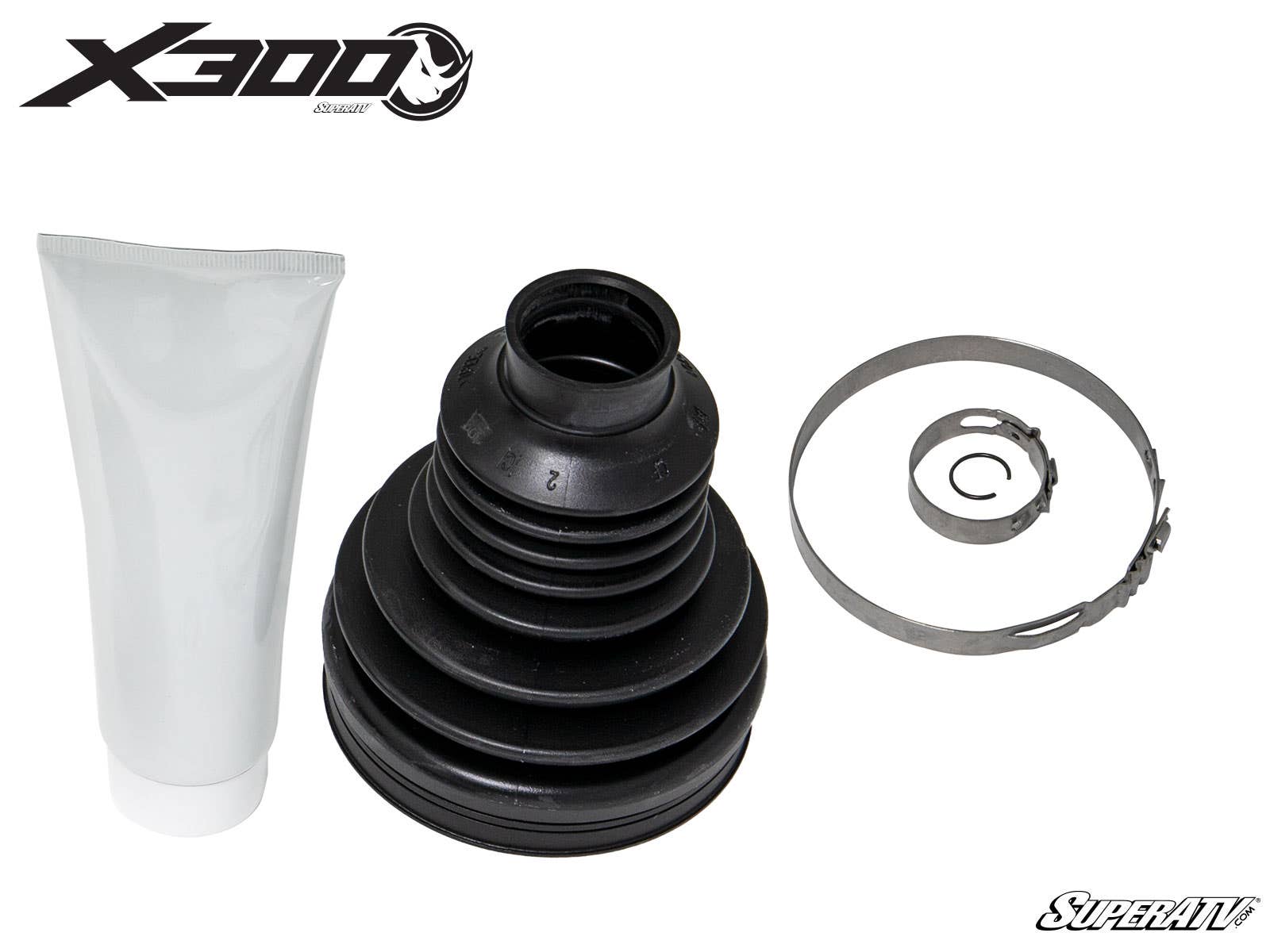 The X300 Replacement Boot KitPolaris includes a black rubber accordion-style CV boot, a tube of grease, a metal clamp, and a snap ring on a white background. X300 and SuperATV logos appear in the corners.