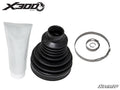 A black rubber X300 Replacement Boot Kit : Can-Am, including a CV boot, grease tube, metal clamp, and snap ring, is arranged on a white background. “X300” and “SuperATV” logos are in the top left and bottom right corners.