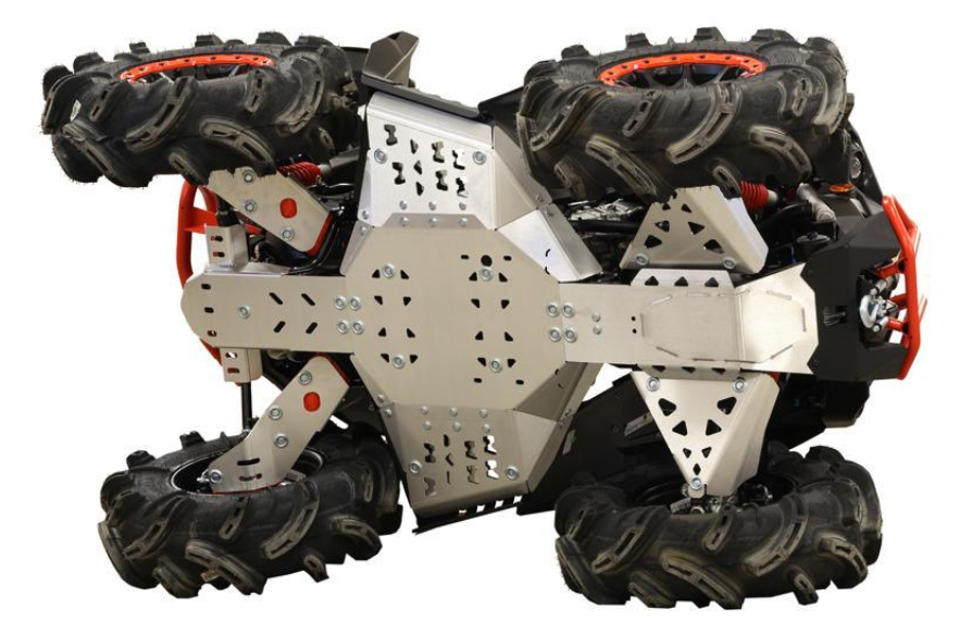A close-up view of the Skid Plate Full Set (aluminium) for CanAm Renegade X MR (2019+), showcasing its robust silver chassis with triangular cutouts and bolts, designed for maximum undercarriage protection in off-road conditions.