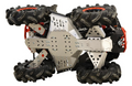 A close-up view of the Skid Plate Full Set (aluminium) for CanAm Renegade X MR (2019+), showcasing its robust silver chassis with triangular cutouts and bolts, designed for maximum undercarriage protection in off-road conditions.