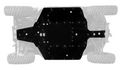 Top view of the Polaris Xpedition Full Skid Plate protecting the center and front chassis of an off-road vehicle. Rugged tires and suspension parts are visible behind the black plate, showcasing enhanced underbody protection.