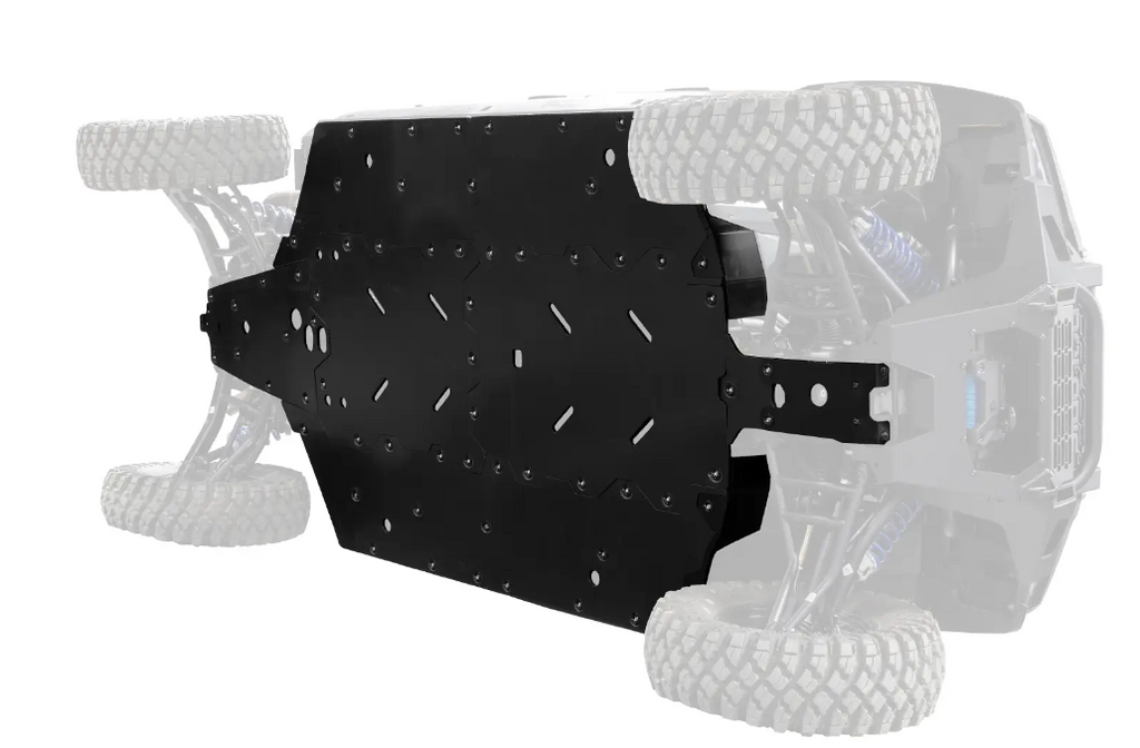 A Polaris Xpedition 5 Full Skid Plate is shown under an off-road vehicle, highlighted in black while the rest of the vehicle fades in grey, revealing rugged tires and suspension. The skid plate protects the underside from rough terrain.