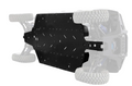 A Polaris Xpedition 5 Full Skid Plate is shown under an off-road vehicle, highlighted in black while the rest of the vehicle fades in grey, revealing rugged tires and suspension. The skid plate protects the underside from rough terrain.