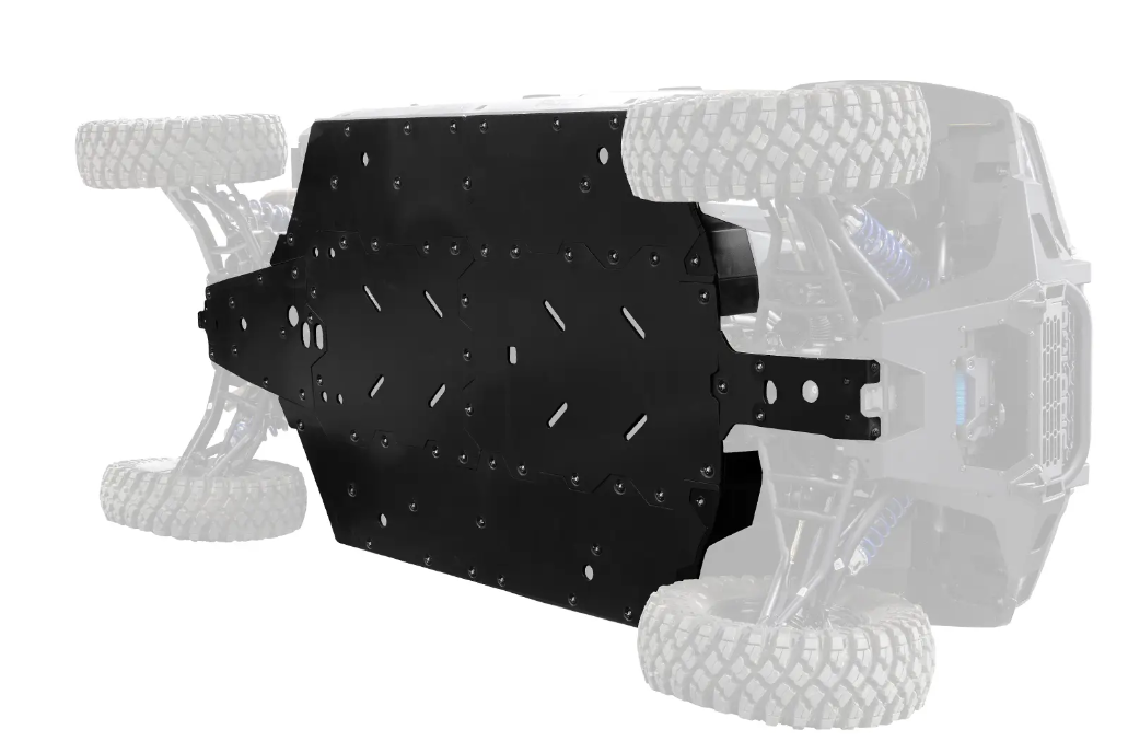 A Polaris Xpedition 5 Full Skid Plate is shown under an off-road vehicle, highlighted in black while the rest of the vehicle fades in grey, revealing rugged tires and suspension. The skid plate protects the underside from rough terrain.