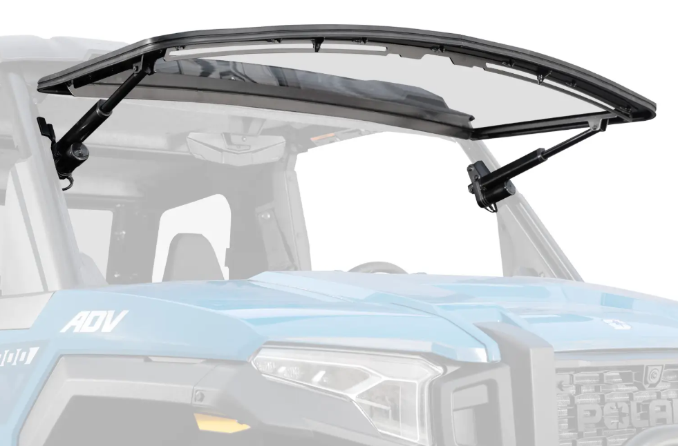 The Polaris Xpedition Max Drive Power Flip Windshield, shown raised above the hood on a blue off-road utility vehicle with visible side support arms, is highlighted against a faded background to showcase its tinted, flip-up design.