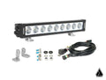 The Vision X XPL Halo 13 LED Light Bar is displayed with mounting brackets, screws, washers, fuses, and a wiring harness arranged on a white background. A small triangular logo appears in the corner.