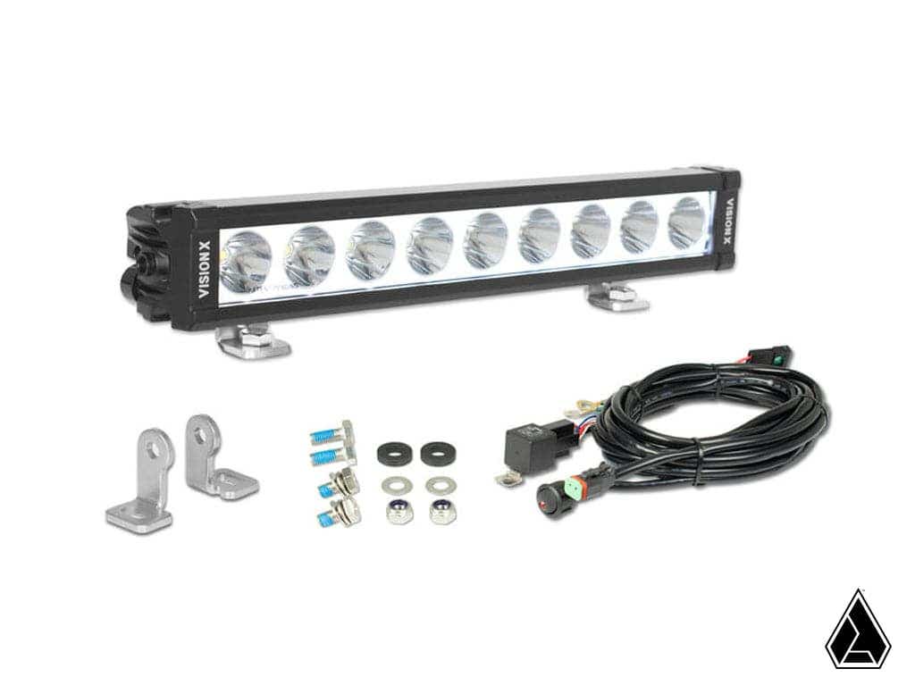 The Vision X XPL Halo 13 LED Light Bar is displayed with mounting brackets, screws, washers, fuses, and a wiring harness arranged on a white background. A small triangular logo appears in the corner.