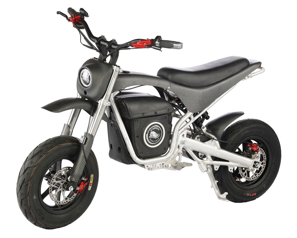 The Burromax XRA 4.0 Electric Drag Bike features a modern matte black frame, thick tires, red accents on the handlebars and brakes, a circular LED headlight, minimalist design, exposed battery compartment, and sporty elevated seat.