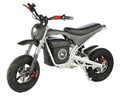 The Burromax XRA 4.0 Electric Drag Bike features a modern matte black frame, thick tires, red accents on the handlebars and brakes, a circular LED headlight, minimalist design, exposed battery compartment, and sporty elevated seat.