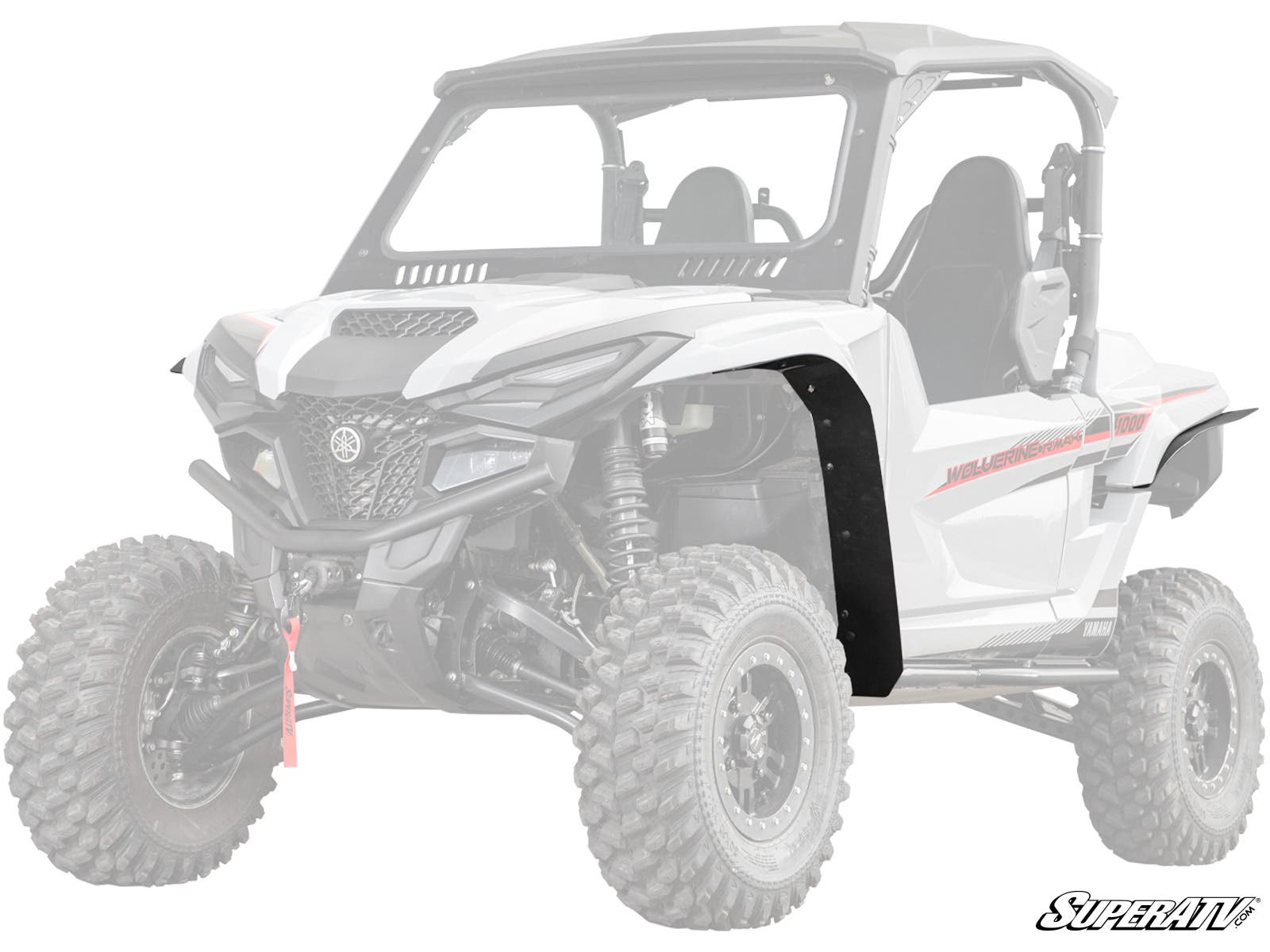A white Yamaha Wolverine RMAX 1000 with rugged tires is shown. The left front fender features the Low Profile Fender Flare accessory. The SuperATV logo is in the bottom right, with a faded background and rear.