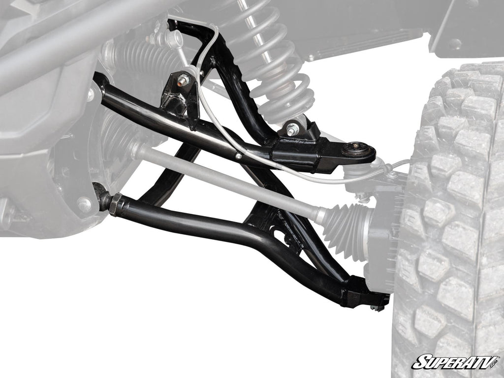 Close-up of Yamaha Wolverine RMAX 1000 High-Clearance 1.5 Forward Offset A-Arms on an off-road vehicle, displaying control arms, springs, and tire tread against a faded background. SuperATV logo is visible in the bottom right corner.