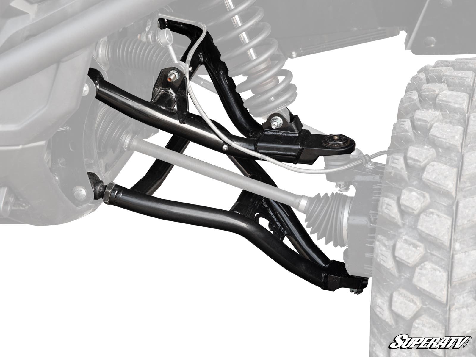 Close-up of Yamaha Wolverine RMAX 1000 High-Clearance 1.5 Forward Offset A-Arms on an off-road vehicle, displaying control arms, springs, and tire tread against a faded background. SuperATV logo is visible in the bottom right corner.