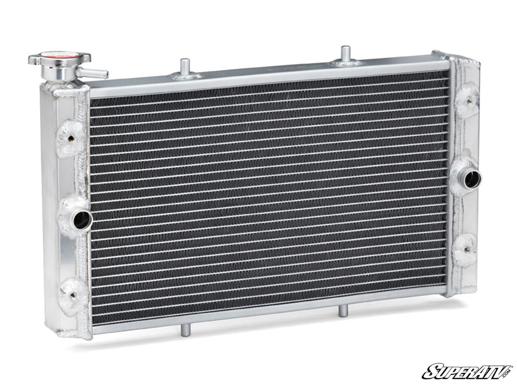 The Up & Running Yamaha Viking Radiator is a silver metal automotive radiator with a black core, thin cooling fins, two large hose ports on one side, a top left radiator cap, and SuperATV branding in the bottom right on a white background.