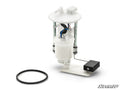 The Up & Running Yamaha Wolverine Fuel Pump assembly is shown in white with attached wiring, filter, and black float. A circular black rubber gasket is nearby on a white background. The SuperATV logo appears in the bottom right corner.