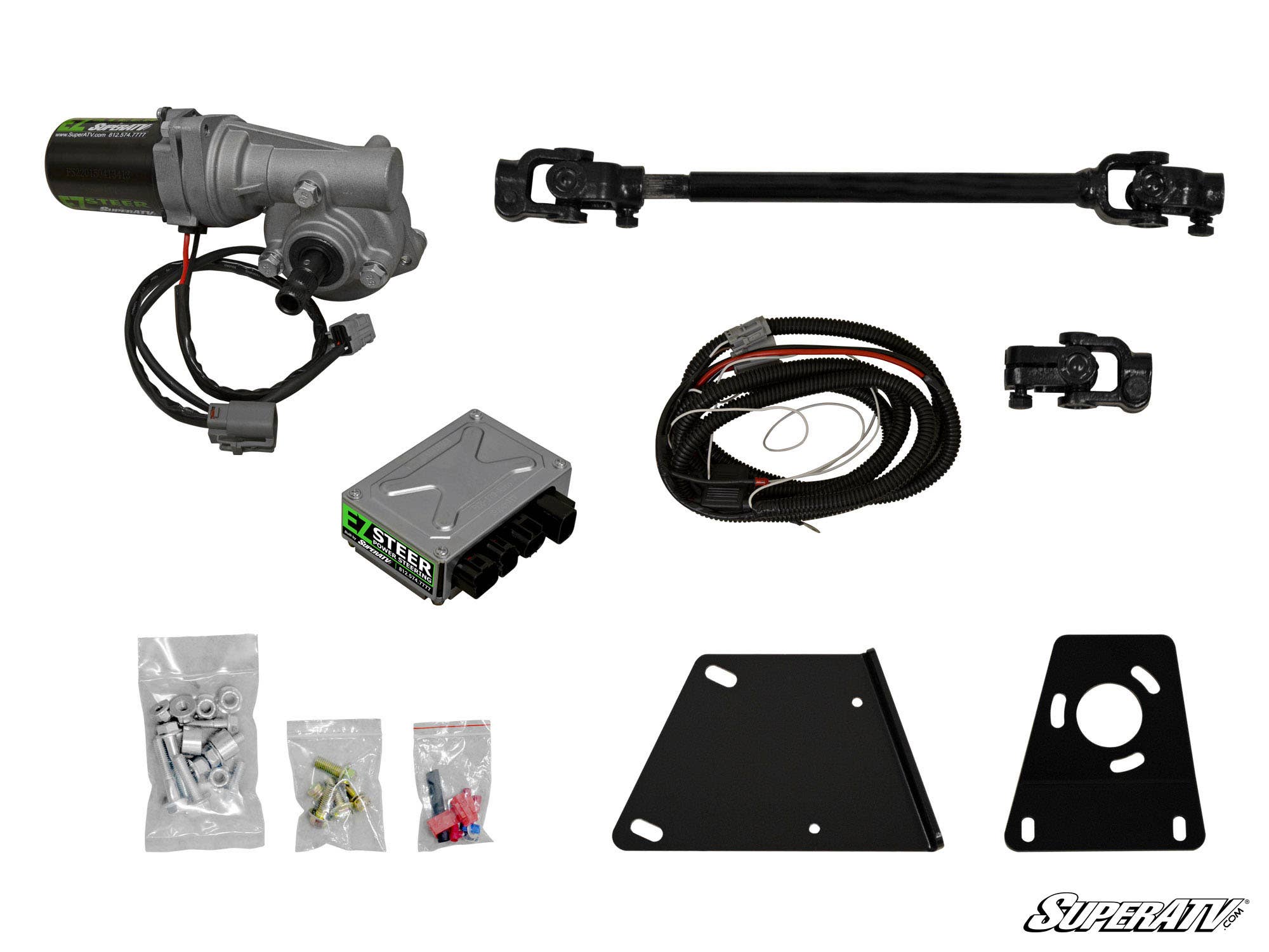 The Yamaha Viking Power Steering Kit is displayed on a white background, featuring an electric motor assembly, control module, wiring harness, universal steering shaft with joints, mounting plates, bagged hardware, and the SuperATV logo in the bottom righ