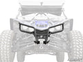 The Yamaha YXZ Front Bumper, in black with an angular design, winch mount, and grille guard, featuring the SuperATV logo, is shown over a grayscale off-road vehicle image with visible large tires and suspension.