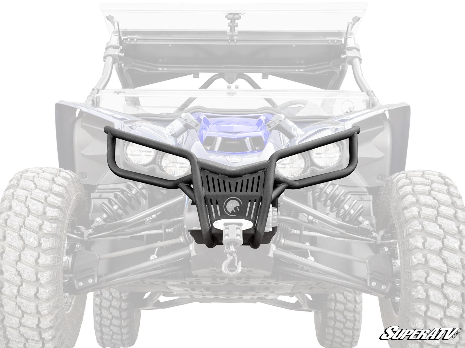 The Yamaha YXZ Front Bumper, in black with an angular design, winch mount, and grille guard, featuring the SuperATV logo, is shown over a grayscale off-road vehicle image with visible large tires and suspension.