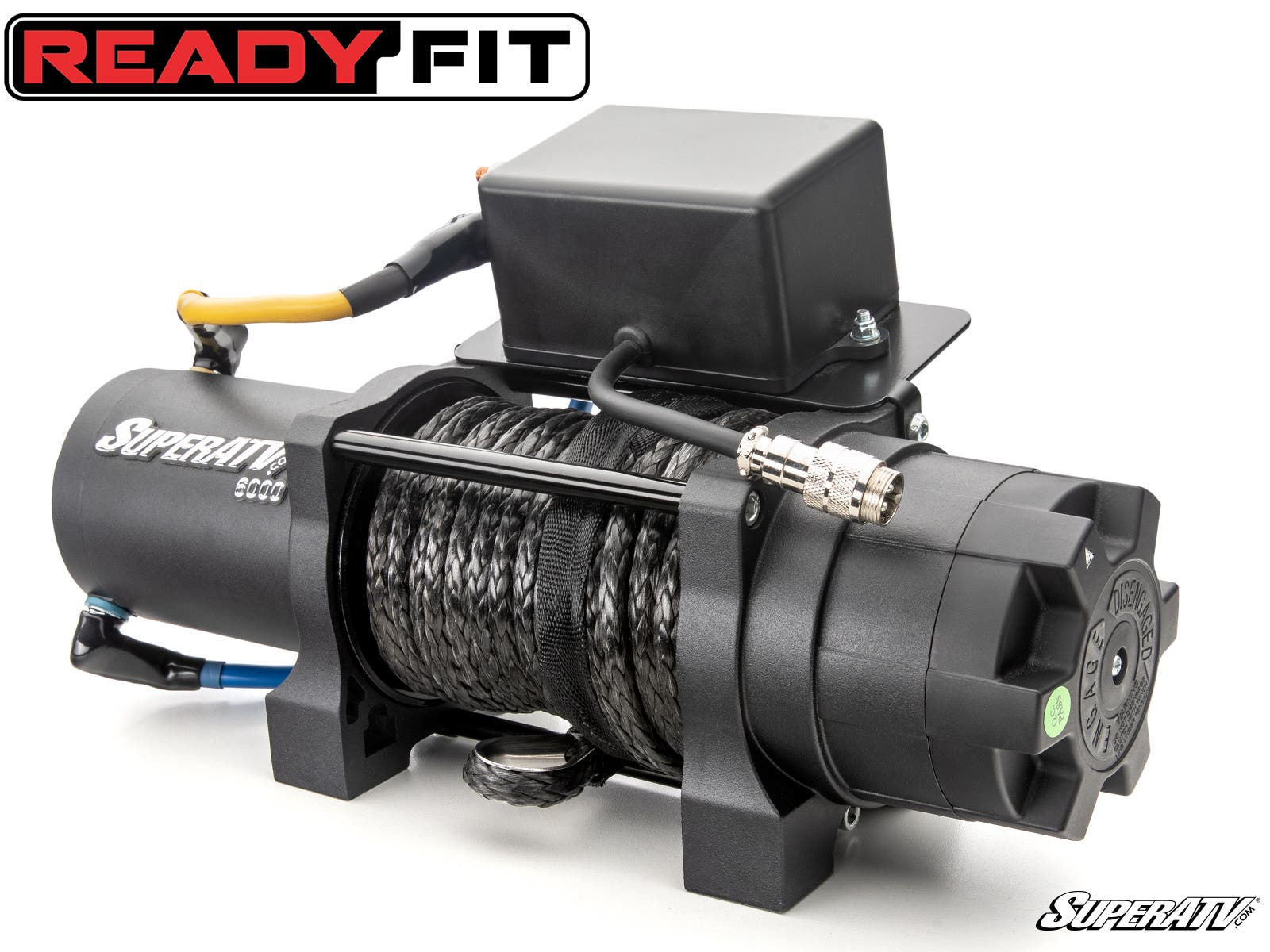 The Polaris RZR XP 1000 Ready-Fit Winch features a thick synthetic cable on its spool, a motor housing with connected wires, and a control box on top. SuperATV and READYFIT branding are visible. The black winch is shown against a white background.