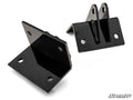 Two black metal Yamaha Wolverine RMAX Plow Pro Snow Plow Mount brackets are shown on a white background. Each L-shaped bracket has multiple bolt holes; one features two vertical tabs, the other has flat faces and beveled edges.