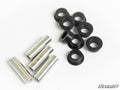 Six shiny metal cylindrical sleeves and six black rubber bushings with flared edges, part of the Yamaha Viking A-Arm Bushings set, are arranged on a white surface. The SuperATV logo is visible in the bottom right corner.
