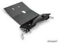The Yamaha Wolverine X2/X4 850 Plow Pro Snow Plow Mount is a black metal plate with multiple bolt holes and slots, two curved silver mounting pins underneath, large base nuts, and features the SuperATV logo in the lower right corner.