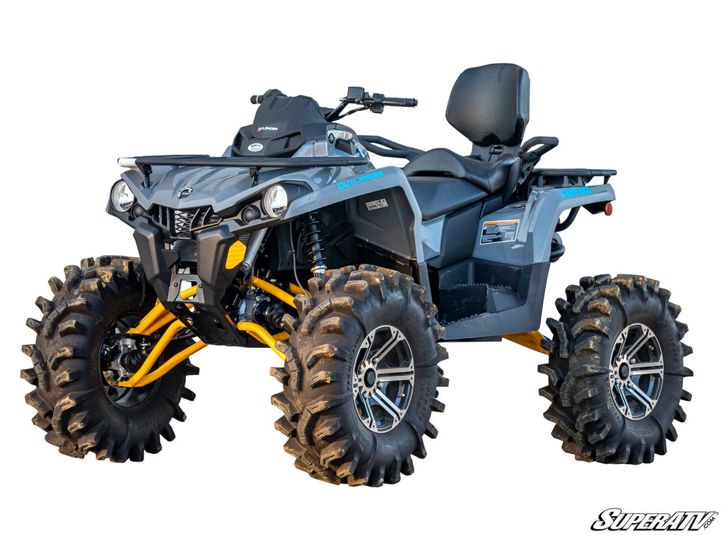 A Can-Am Outlander fitted with a 6 Lift Kit (Gen 2) features large deep-tread tires, gray bodywork, a black seat with backrest, yellow suspension, and SuperATV branding—shown on a white background with rugged styling.